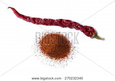 One Dry Red Chili Pepper Isolated On White Background. Desiccated Milled Paprika. Stock Images.