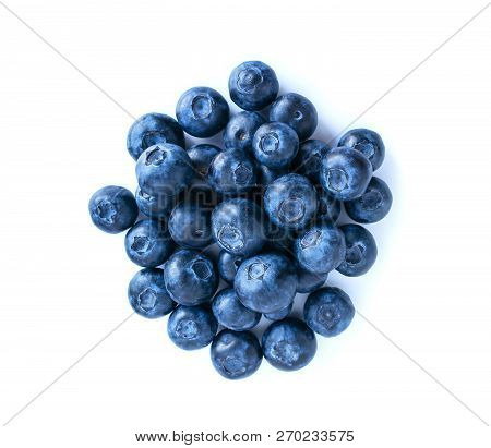 Blueberries Pile Isolated On White Background. Fresh Bilberry Closeup. Flat Lay Top View. Stock Imag