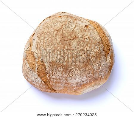 Fresh Rounded Baked Bread Isolated On White Background. Flatlay Top View. Stock Image.