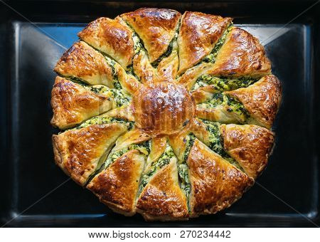 Homemade Cheese Pie With Greenery. Flatlay Top View Closeup. On A Black Background. Stock Image.