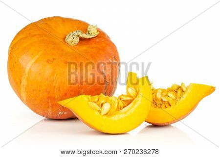 Set Of One Whole Two Slices Of Fresh Red Kuri Pumpkin Hokkaido Variety Isolated On White Background