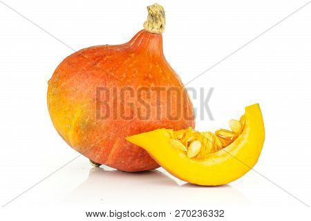 Group Of One Whole One Slice Of Fresh Red Kuri Pumpkin Hokkaido Variety Isolated On White Background