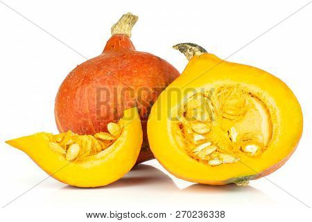 Group Of One Whole One Half One Slice Of Fresh Red Kuri Pumpkin Hokkaido Variety Isolated On White B