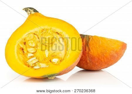 Group Of Two Halves Of Fresh Red Kuri Pumpkin Hokkaido Variety With Seeds Isolated On White Backgrou