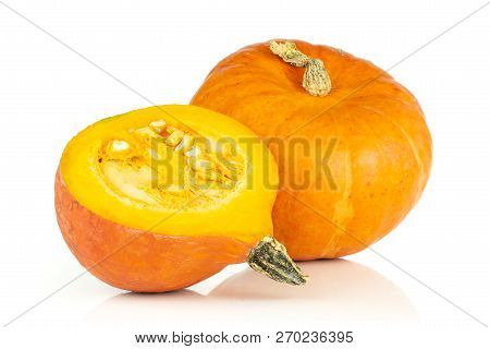 Group Of One Whole One Half Of Fresh Red Kuri Pumpkin Hokkaido Variety Isolated On White Background