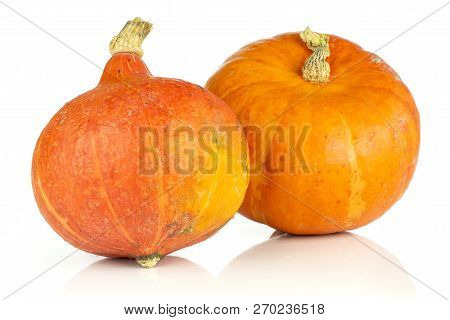 Group Of Two Whole Ripe Fresh Red Kuri Pumpkin Hokkaido Variety Isolated On White Background