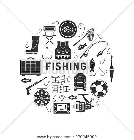 Set Of Fishing Icons In Silhouette Flat Style Isolated On White Background.