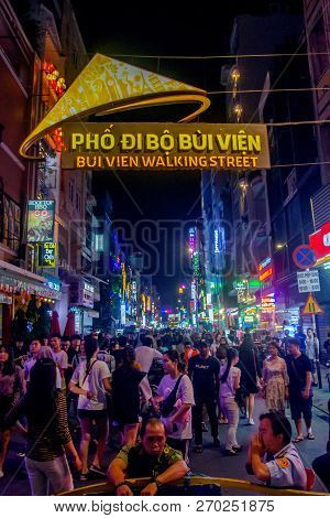 Ho Chi Minh City, Vietnam - November 16 2018: Night Street View Of Pham Ngu Lao Street, The Backpack