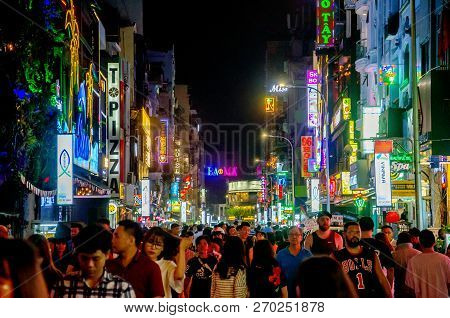 Ho Chi Minh City, Vietnam - November 16 2018: Night Street View Of Pham Ngu Lao Street, The Backpack