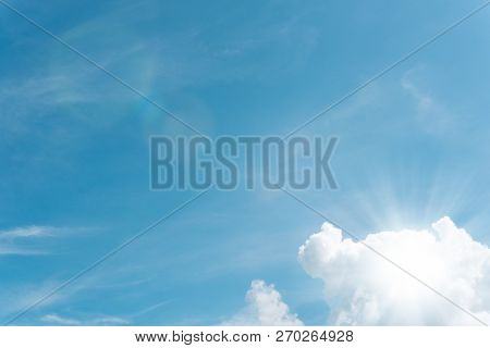 Summer Blue Sky Soft Clear Cloudy Background. Puffy Cloud Move By Windy On Beach Concept Felling Goo