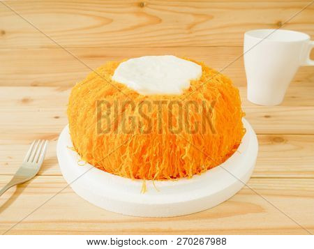 Egg Thread Cake (fios De Ovos) Topped With Creamy Coconut Whipped Cream