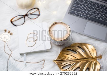Lady Bloggers White Work Space With Gold Details, Laptop And Cof