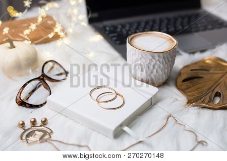 Lady Bloggers White Work Space With Gold Details, Laptop And Cof
