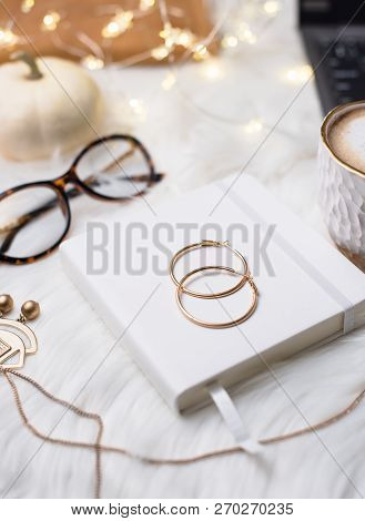 Lady Bloggers White Work Space With Gold Details, Laptop And Cof