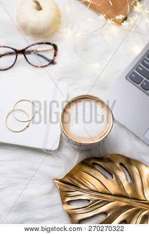 Lady Bloggers White Work Space With Gold Details, Laptop And Cof