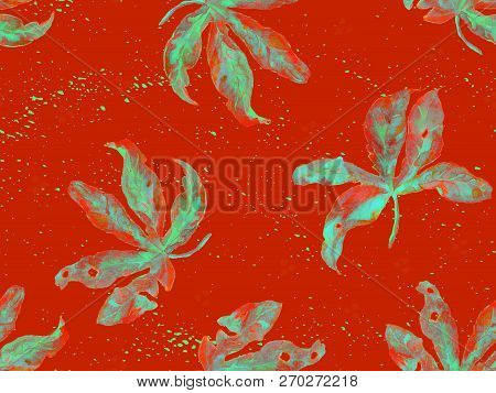 Red Rosy Exotic Pattern. Monstera Leaves And Hibiscus Flowers In Summer Print.  Saturated Large Flor