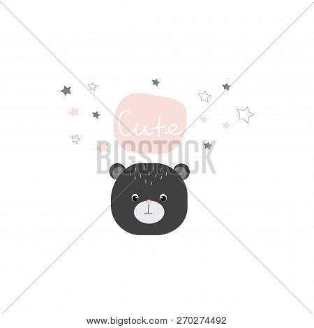 Vector Illustration With A Cute Cartoon Bear And The Word 'cute', Perfect For Baby Shower, Greeting 