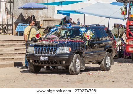 Copacabana, Bolivia - May 13, 2015: Blessing Of Automobiles In Front Of Copacabana Cathedral, Bolivi