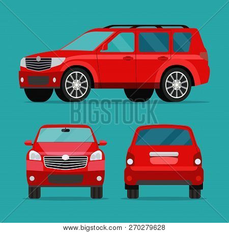 Red Car Two Angle Set. Car Side View, Back View And Front View. Vector Flat Illustration