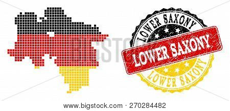 Pixelated Map Of Lower Saxony State And Stamp Seal. Dotted Map Of Lower Saxony State Has German Flag