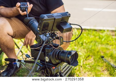 Shooting Process On Cinema Stage - Commercial Production Set, Exterior Location.profeccional Cameram