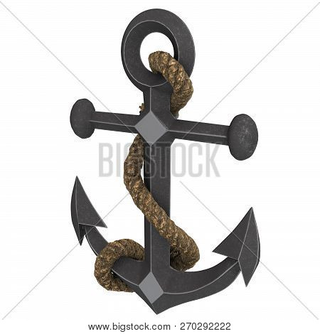 Old Anchor With Rope On An Isolated White Background. 3d Illustration