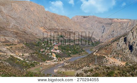 Kemaliye, Turkey - October 2018: Aerial Landscape View Of Kemaliye Town Between Valley In Kemaliye O