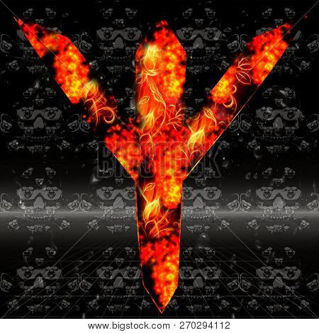 Fiery Algiz Rune On The Background Of Skulls. Allows You To Protect Yourself And Your Loved Ones, He