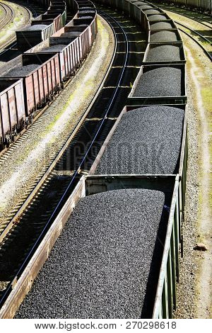Rail Cars Loaded With Coal, A Train Transports Coal