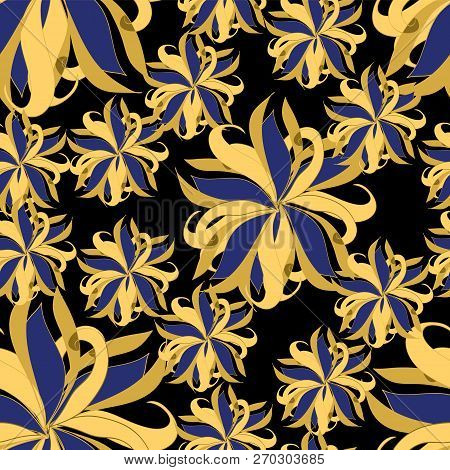 Vector Gold And Blue Flowers On A Black Background Seamless Repeat Pattern