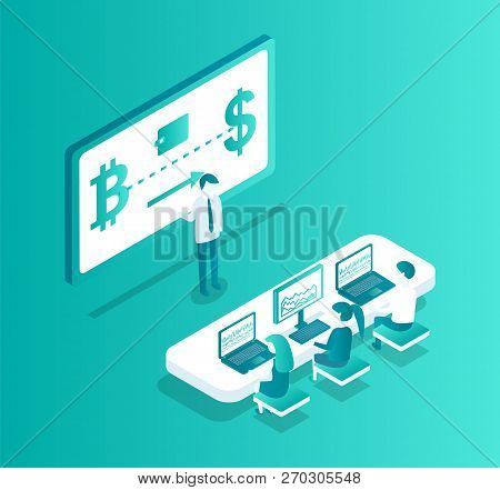 Blockchain Meeting Seminar Isolated Isometric 3d Vector. Table With Workers Listening To Person Pres