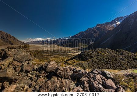 Blue Lakes and the mountains on the Tasman Valley Walk and Tasman Glacier View, South Island, New Zealand