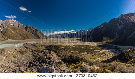 Blue Lakes and the mountains on the Tasman Valley Walk and Tasman Glacier View, South Island, New Zealand