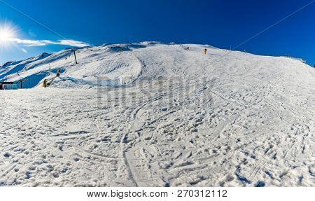 New Zealand mountain panorama and snow ski slopes as seen from Coronet Peak ski resort, Queenstown