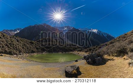 Blue Lakes and the mountains in the Tasman Valley Walk on the way to Tasman Glacier View, South Island, New Zealand