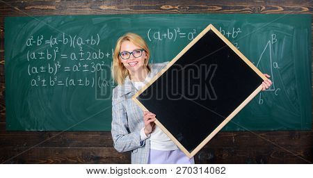 Remember This Information. Teacher Smart Smiling Woman Hold Blackboard Blank Advertisement Copy Spac