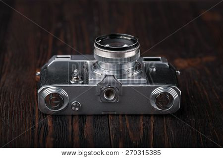 Moscow, Russia, April 18, 2017. The Old Soviet Rangefinder Camera Contax-2, Kiev-2a, Released 1956.