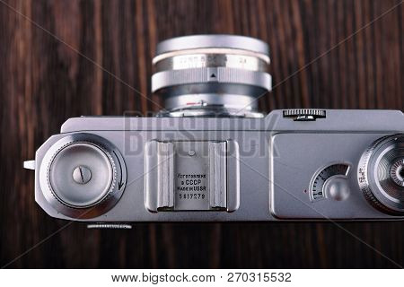 Moscow, Russia, April 18, 2017. The Old Soviet Rangefinder Camera Contax-2, Kiev-2a, Released 1956.