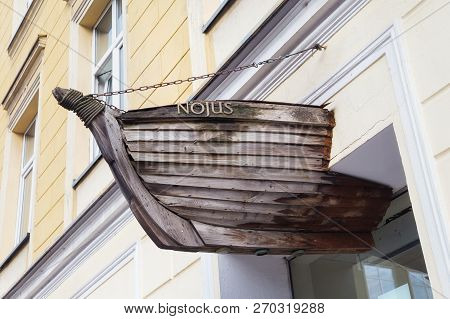 Klaipeda, Lithuania - September 22, 2018: The Decor Element In The Form Of The Nose Of A Wooden Boat