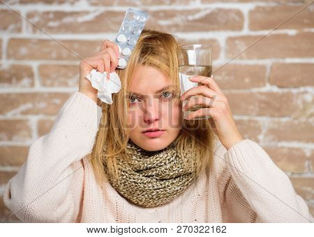 Woman Tousled Hair Scarf Hold Glass Water And Tablets Blister. Girl Suffer Fever And Take Medicine. 