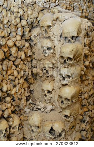 Sives, Portugal - July 18, 2006: Human Skulls And Bones Fixed In The Wall Of The Chapel Of Bones (ca