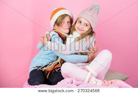 Siblings Best Friends On Pink Background. Boy And Girl Kids Hug Each Other Friendly. Friendly Relati