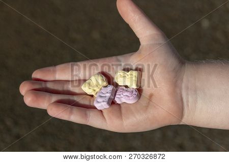 A Close Up View Of A Small Child Holding Four Animal Shaped Vitamins In The Plam Of His Hand