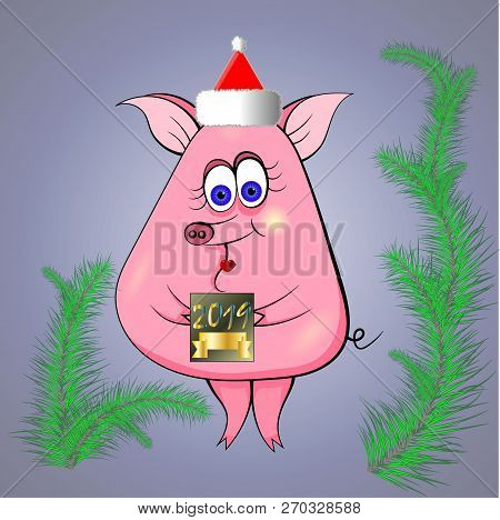 The New Year Cartoon  Red Pig With Card And New Year Tree