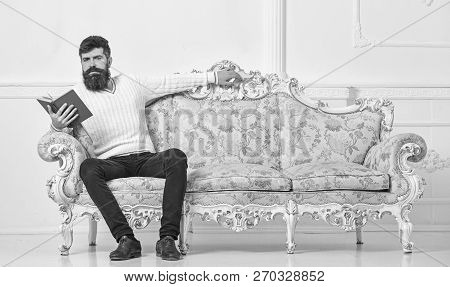 Self Education Concept. Macho On Calm Face Reading Book, Studying. Man With Beard And Mustache Sits 