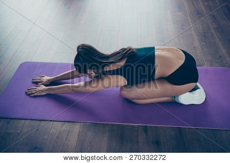 Recreation Meditation Class. Top Above High Angle View Of Nice Adorable Beautiful Sporty Slim Lady W