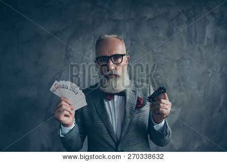 Venturesome, Gambling, Thoughtful, Sad, Brutal, Old Millionaire In Glasses Hold, Show, Have, Set Of 