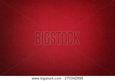Dark Red Background From A Textile Material With Wicker Pattern, Closeup. Structure Of The Wine Fabr