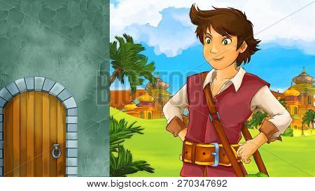 Cartoon Scene With Medieval Arabic Kingdom Prince Or King Traveling Near Wooden Door Entrance - Far 