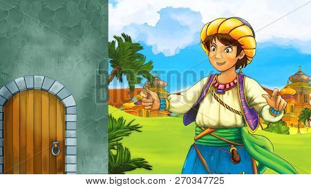 Cartoon Scene With Medieval Arabic Kingdom Prince Or King Traveling Near Wooden Door Entrance - Far 